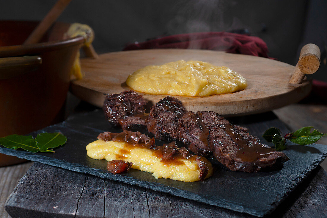 Braised beef in Barolo with polenta