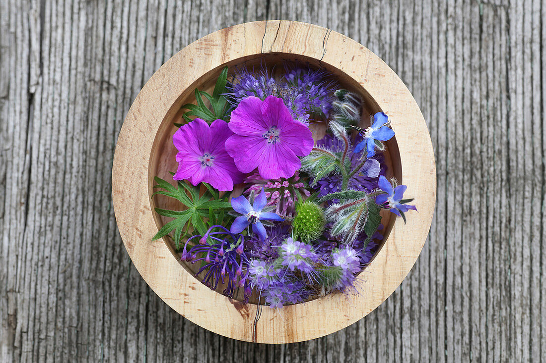 Mallow, borage and fiddleneck flowers in wooden bowl