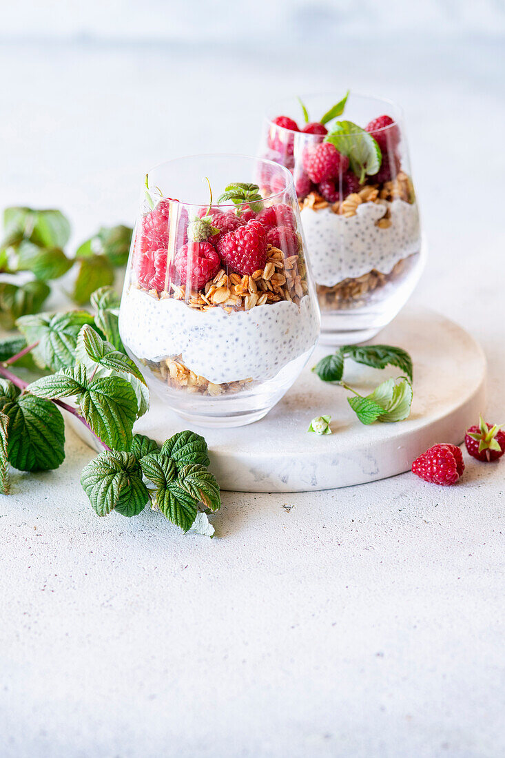 Himbeerparfait mit Müsli und Chiasamen