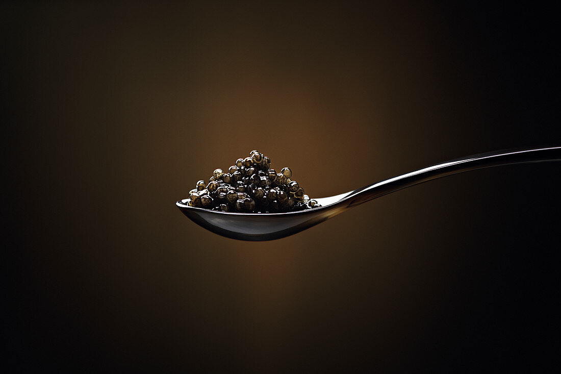 Schwarzer Störkaviar auf einem Löffel