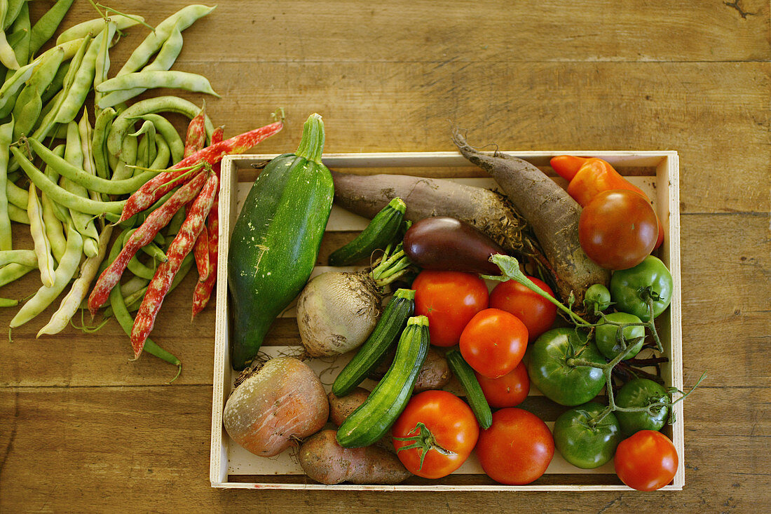 Wood punnet with various vegetables