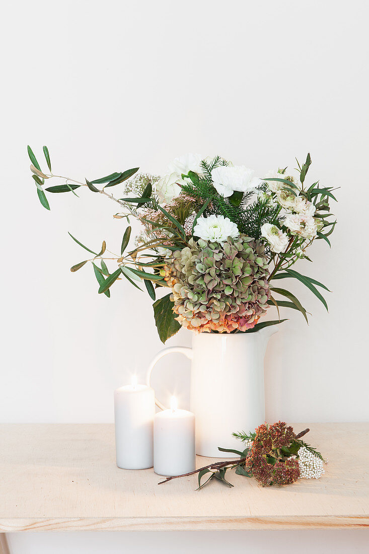 Bouquet of hydrangea, dahlia, carnation, roses and olive branch