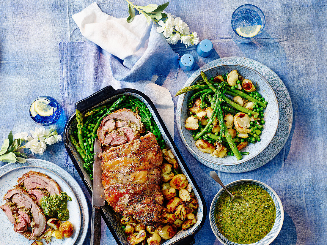 One Pan Roast Lambwith Pistachio Salsa Verde and Vegetable