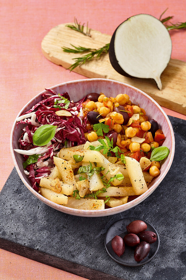 Bowl with sweet and sour radish and chickpea ratatouille