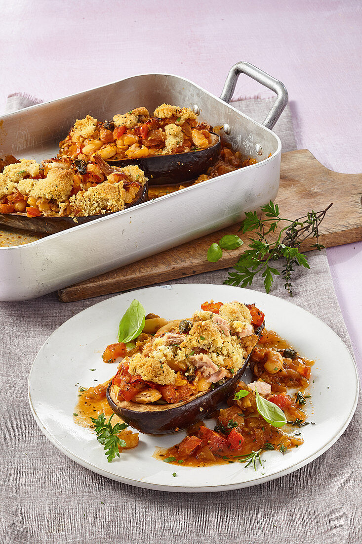 Mediterranean stuffed aubergines with tuna and capers