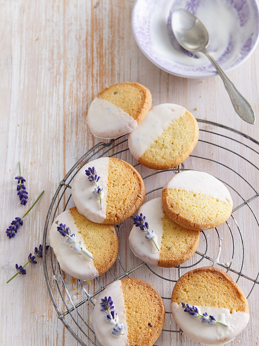 Chocolate coated lavender cookies