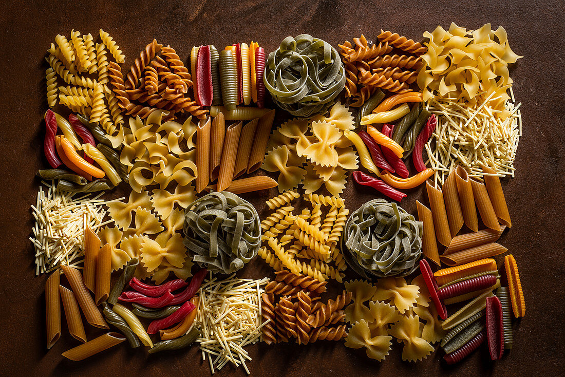 Sorted pasta in different shapes and colours