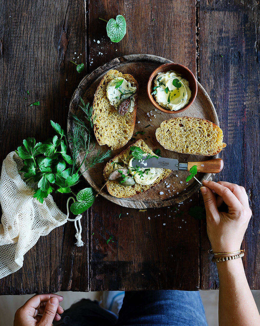 Carrot and yogurt bread with herb butter