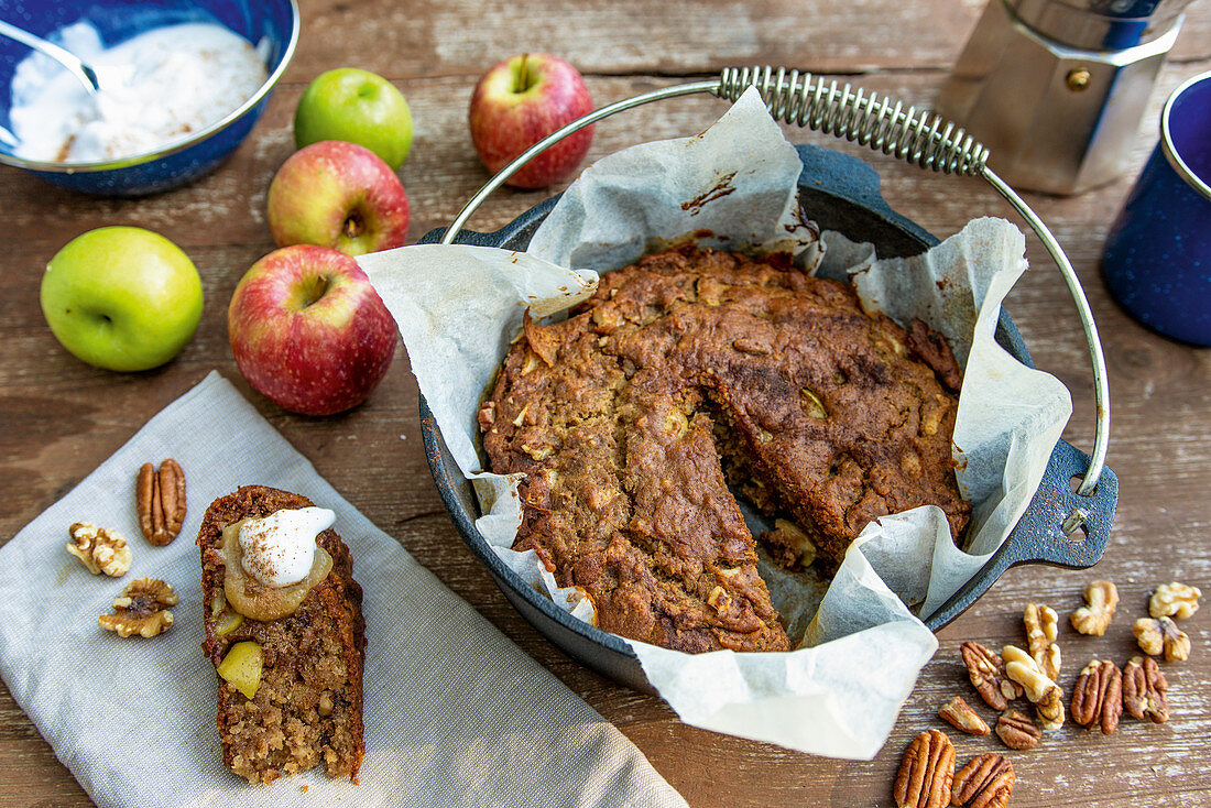 Sweet apple pie bread baked in a Dutch oven