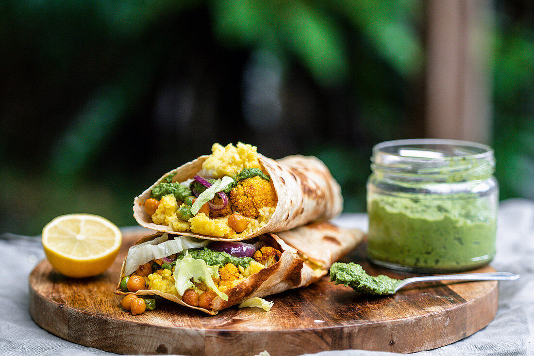Vegetable chapati wraps and mint sauce