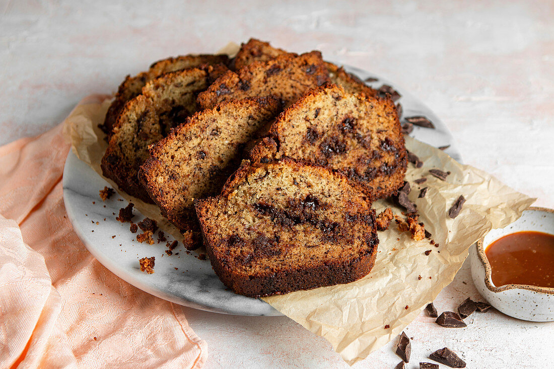 Banana bread with caramel sauce