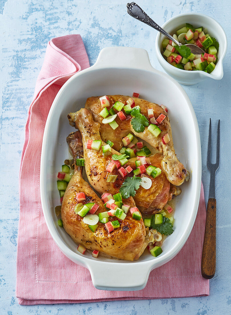 Chicken legs with rhubarb salsa