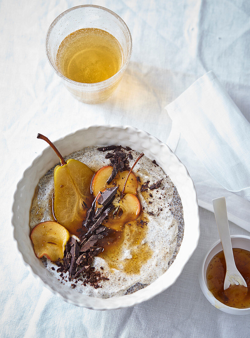 Chia seeds pudding with chocolate and pears