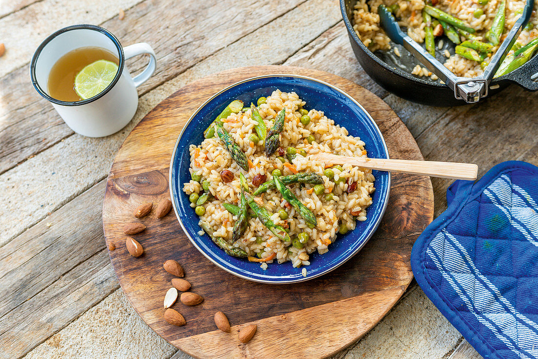 Country style green risotto cooked in a Dutch oven