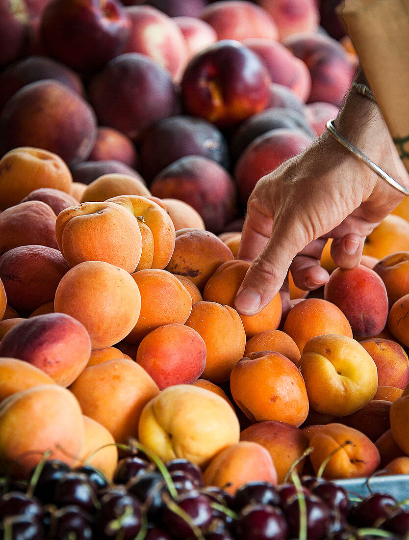 Apricots being bought in a French market