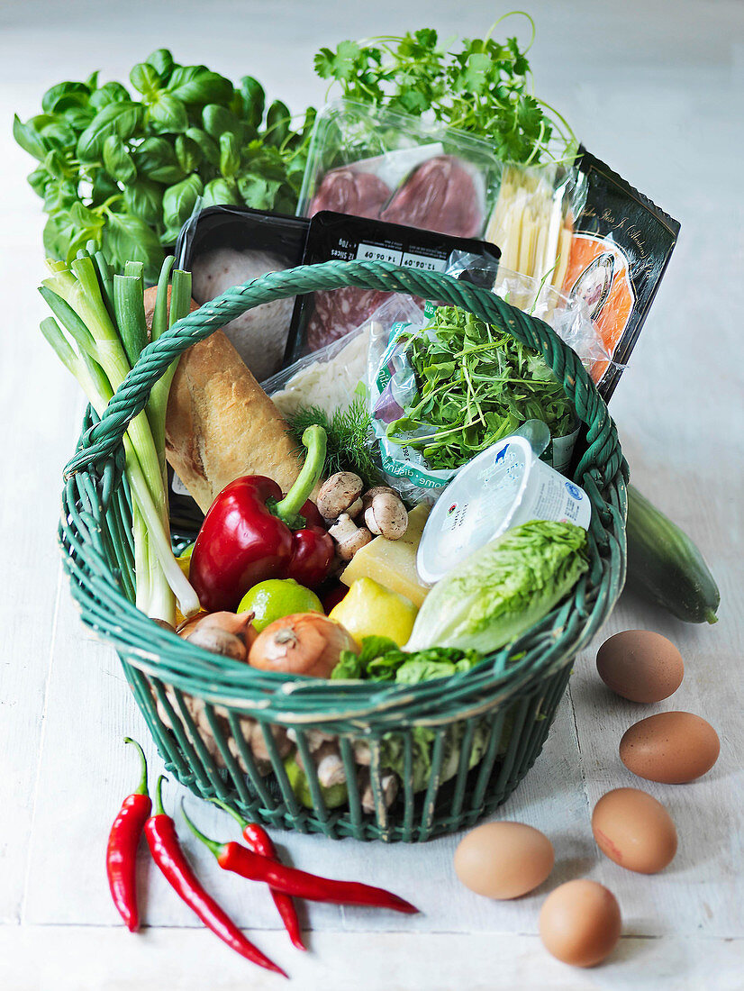 Basket of vegetables and groceries