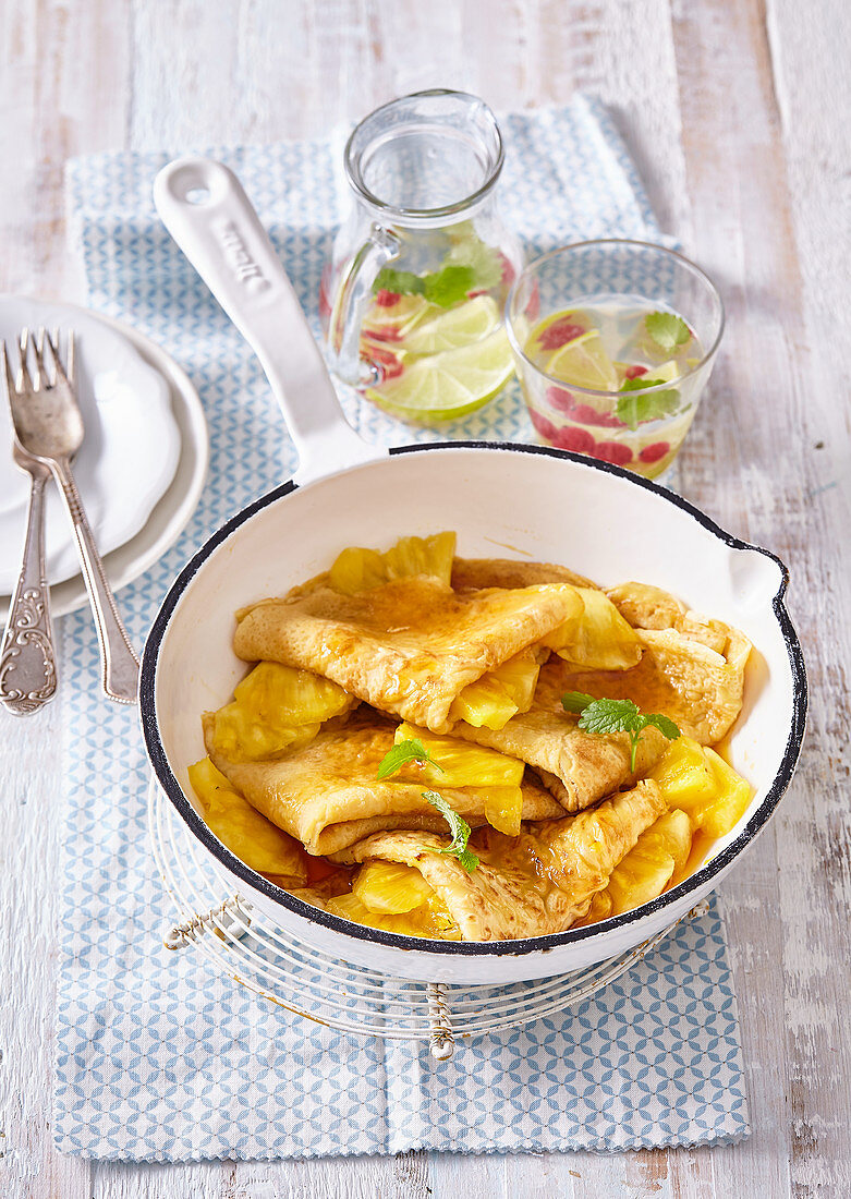 Coconut milk pancakes with pineapple and caramel