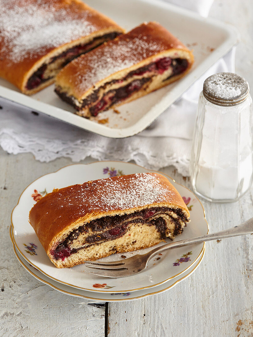 Poppy seed strudel with sour cherries