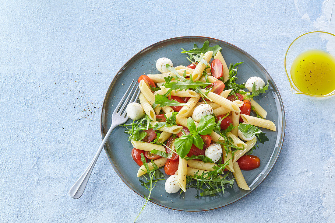 Pasta salad Caprese with mozzarella