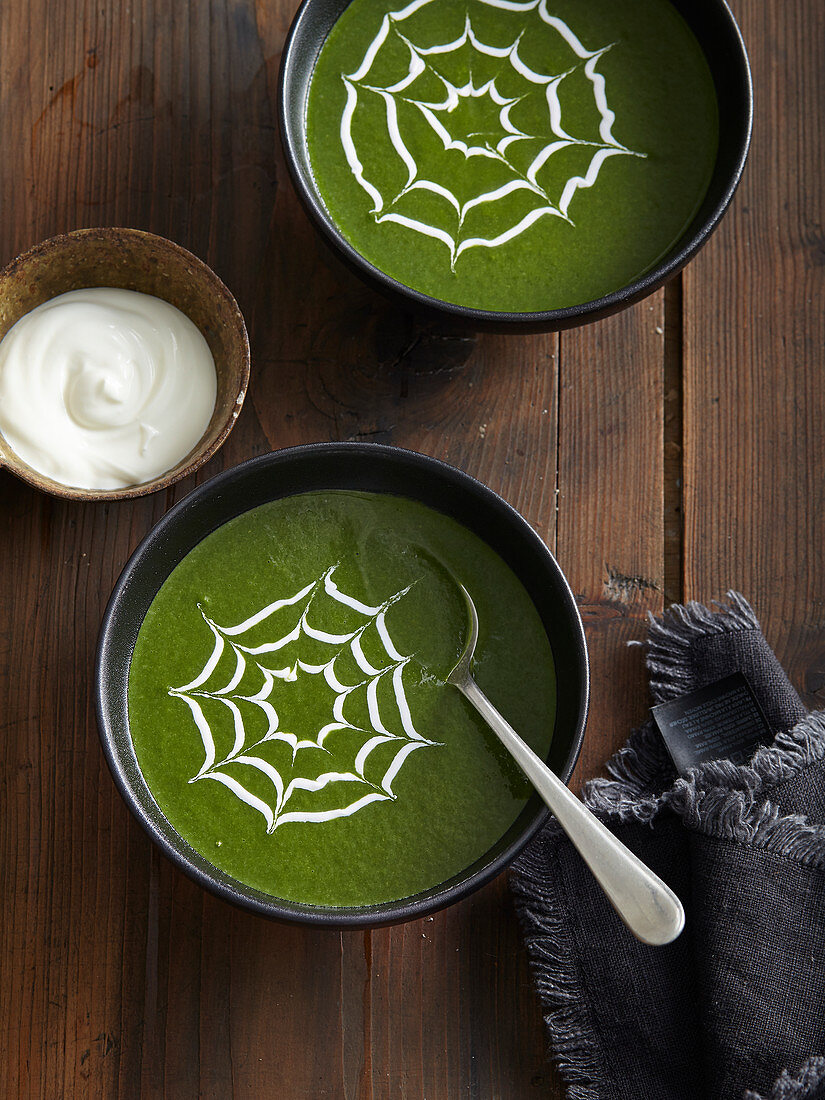 Spinach soup with spider web
