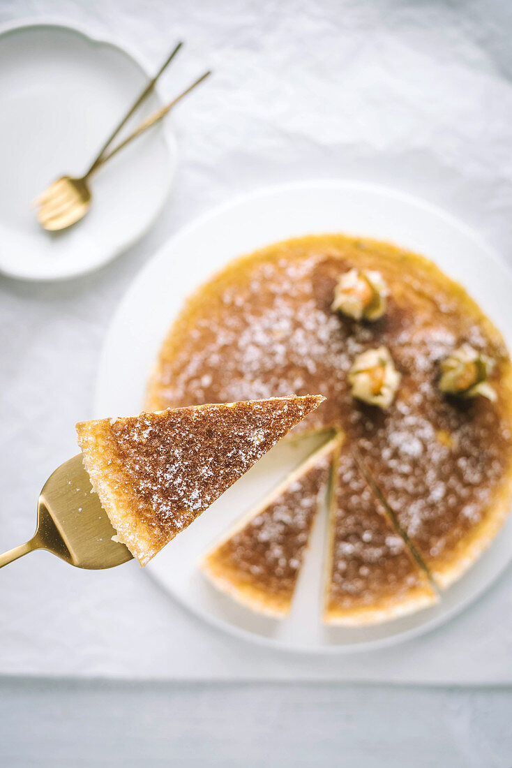 Mascarpone cheesecake decorated with physalis fruits