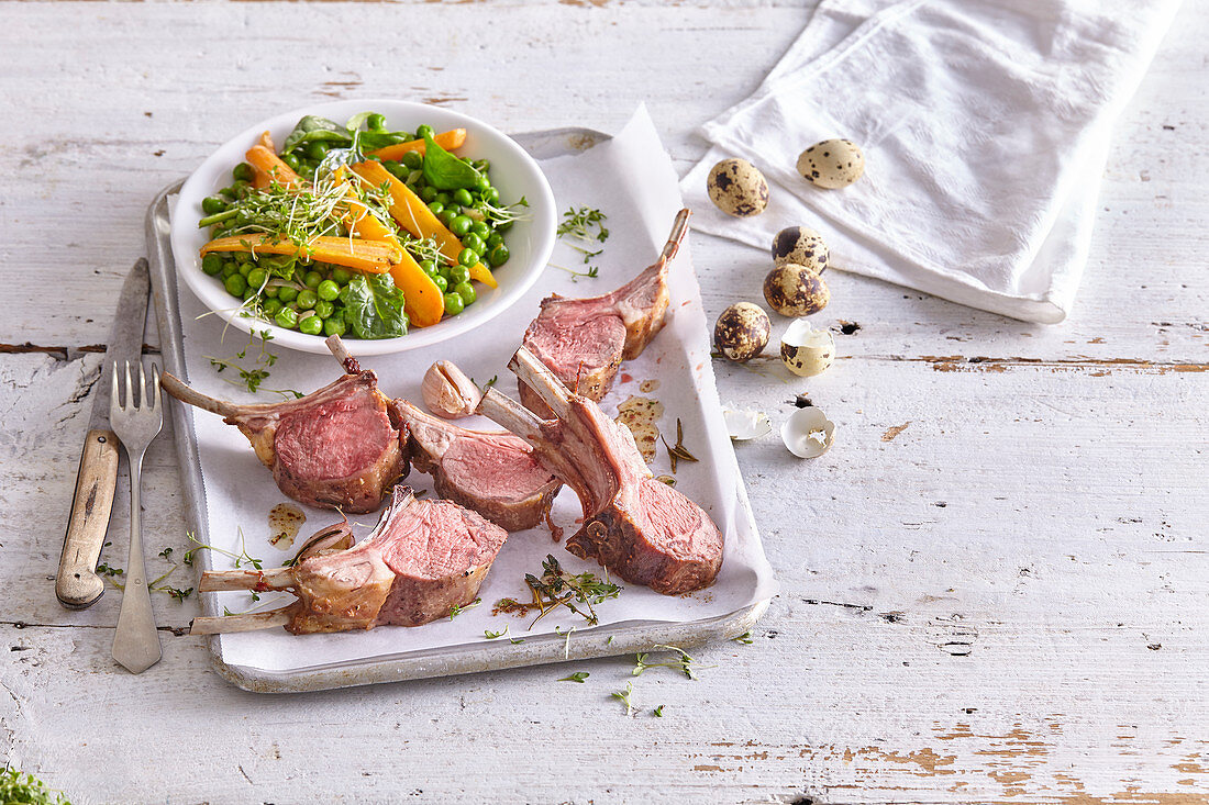 Easter lamb chops with peas and carrots