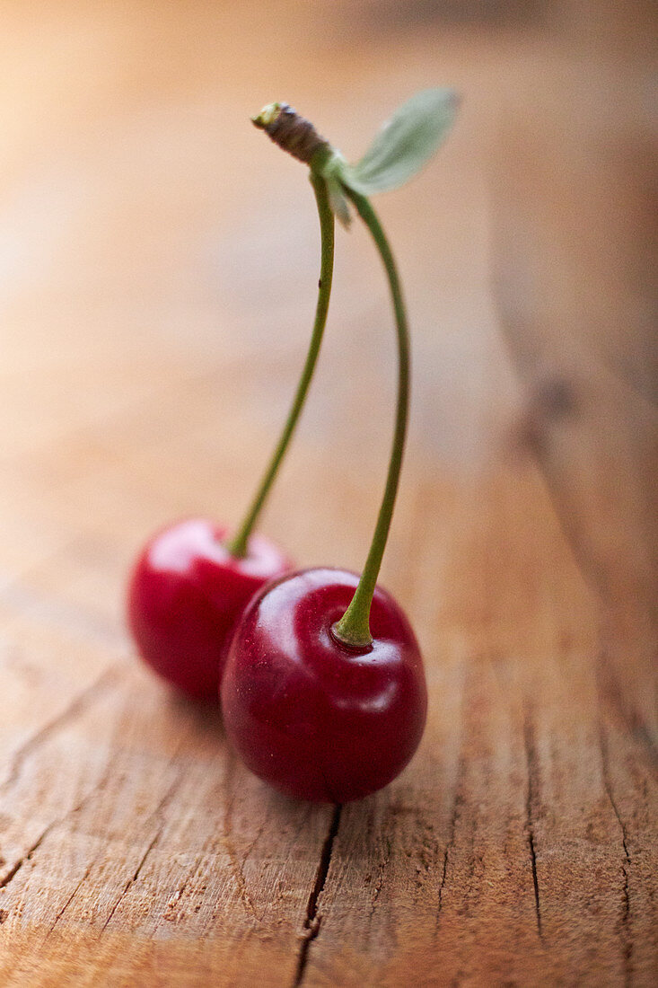 Pair of cherries on a wooden background