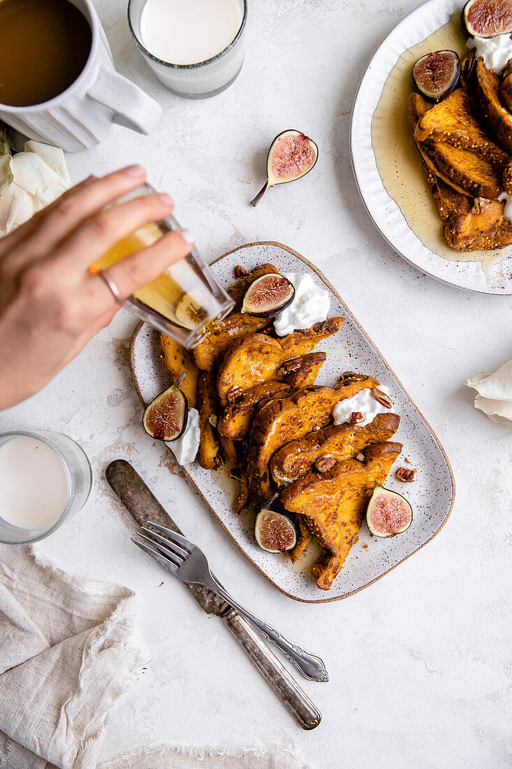 Pumpkin French Toast with maple syrup and figs