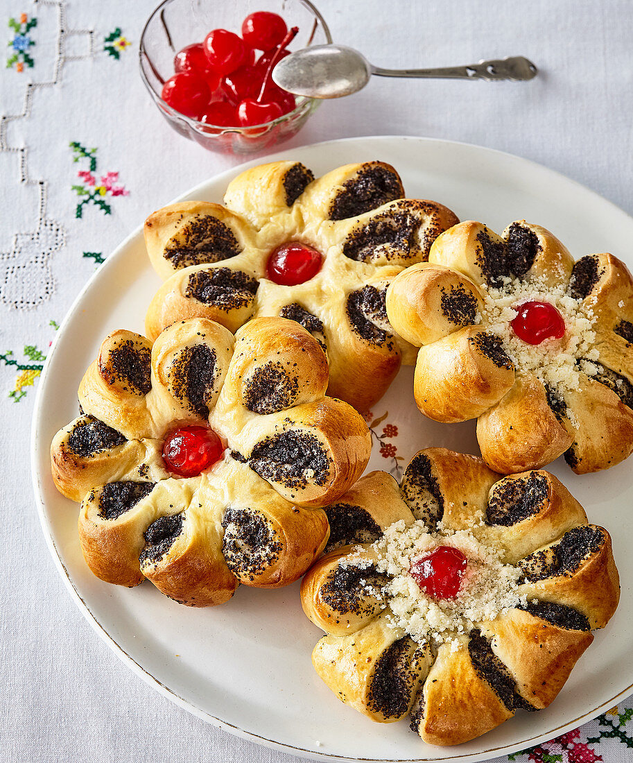Poppy seed pastries in the shape of a flower