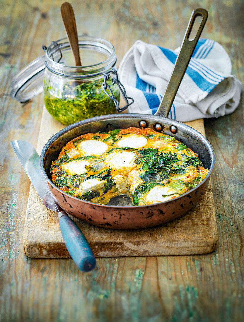 Goat's cheese Frittata with spinach served with pesto