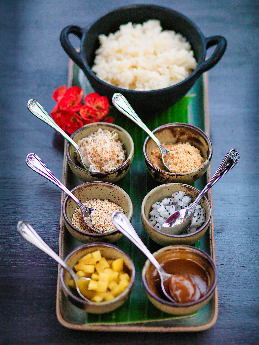 Laotisches Reis mit verschiedenen süssen Toppings