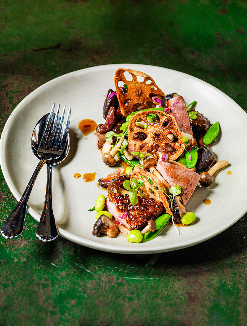Thai Duck and Mushrooms, with Lotus root and edamame beans