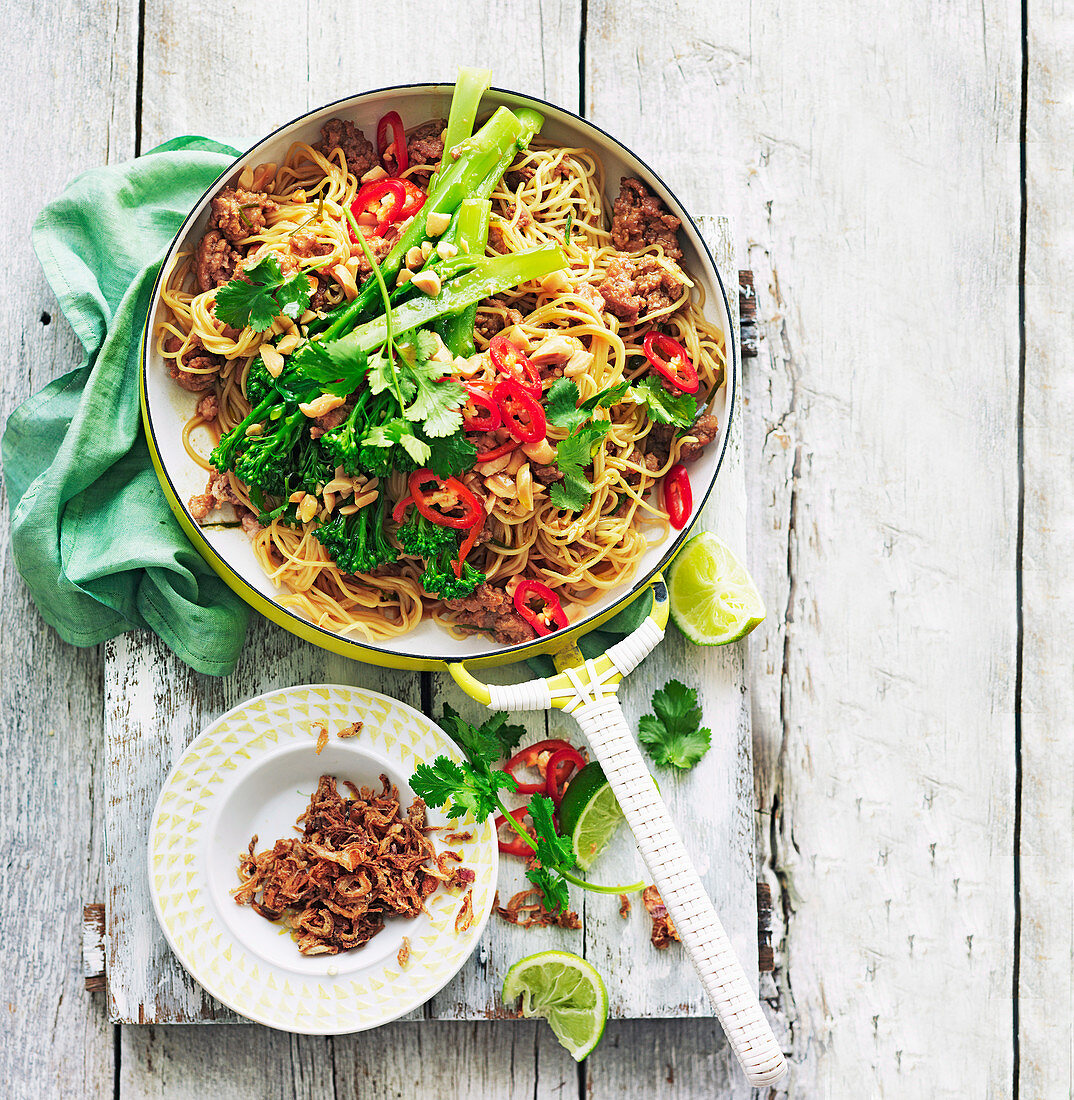 Pork larb with broccolini and noodles