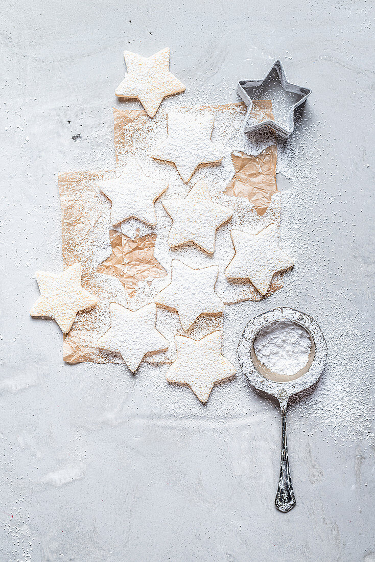 Star-shaped butter cookies, dusted with powdered sugar