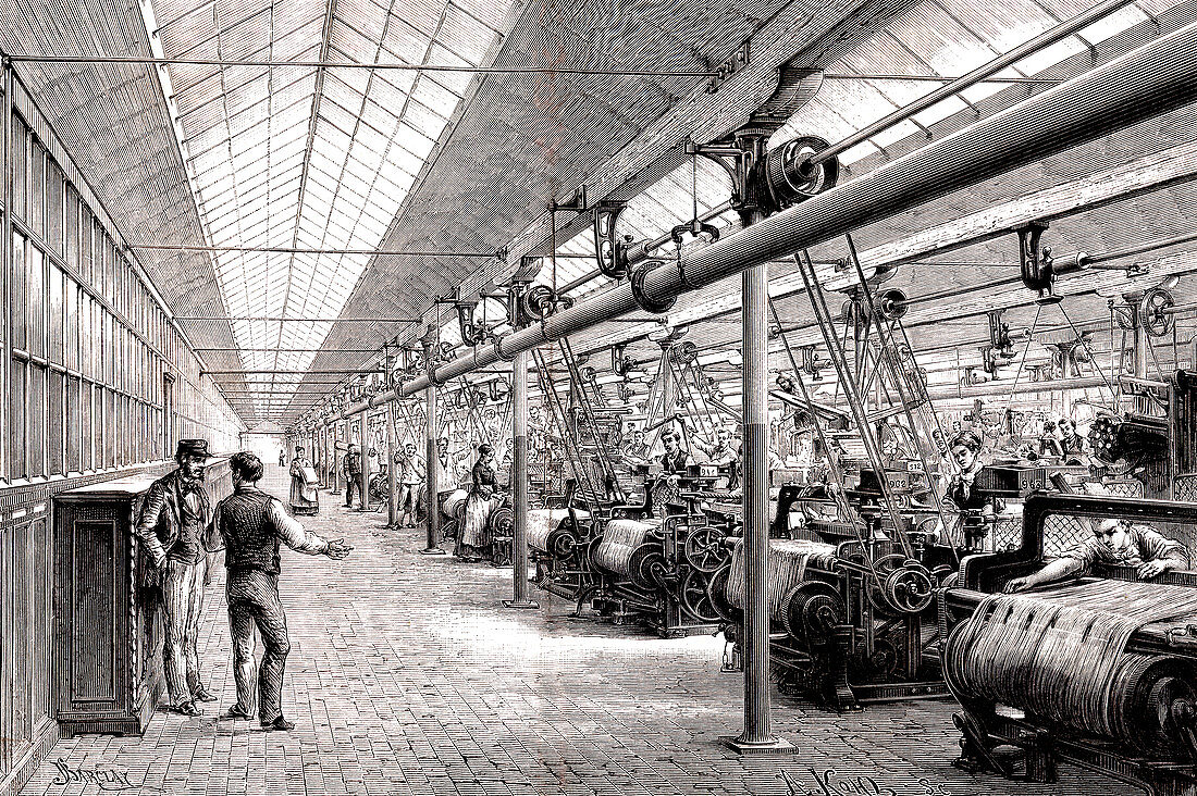 Weaving factory, 19th century illustration