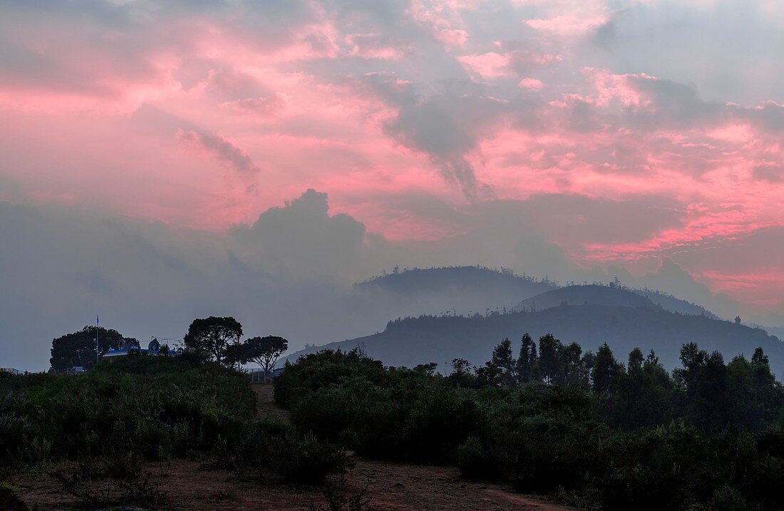 Sunset over the Nilgiri mountains, India
