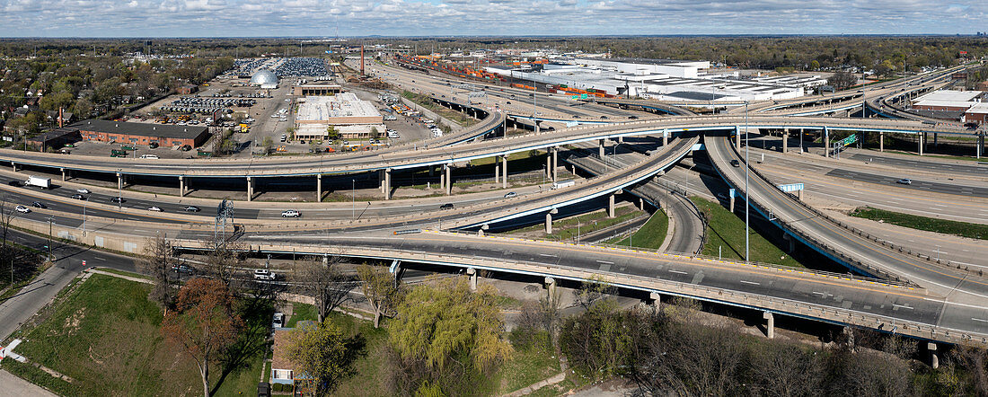 Freeway interchange, aerial photograph