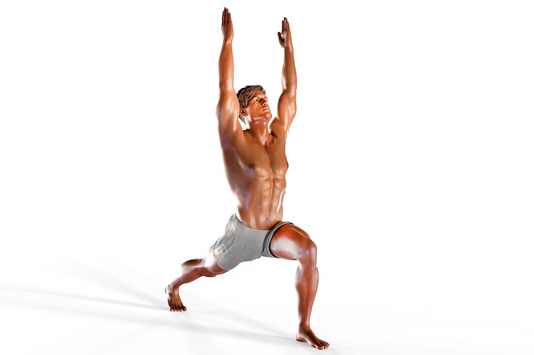 Man in warrior 1 yoga pose, illustration