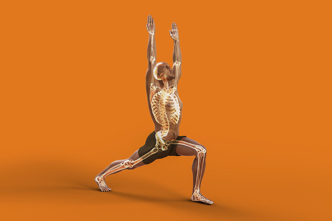 Man in warrior 1 yoga pose, illustration
