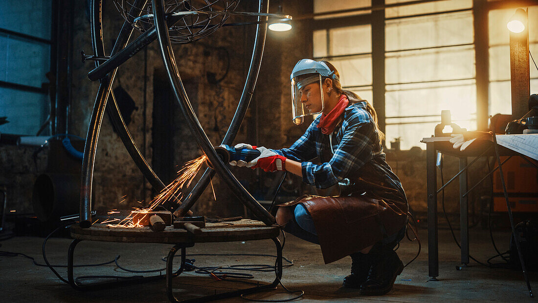 Sculptor polishing a metal tube sculpture with grinder