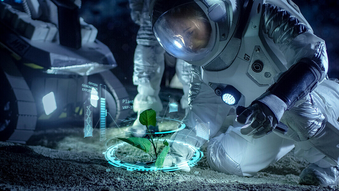 Astronauts analysing alien plant life