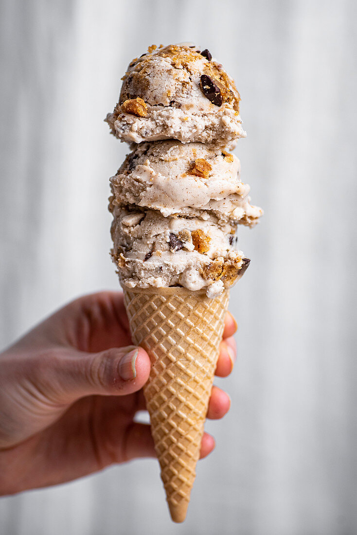 Vegan cookie dough ice cream in cone