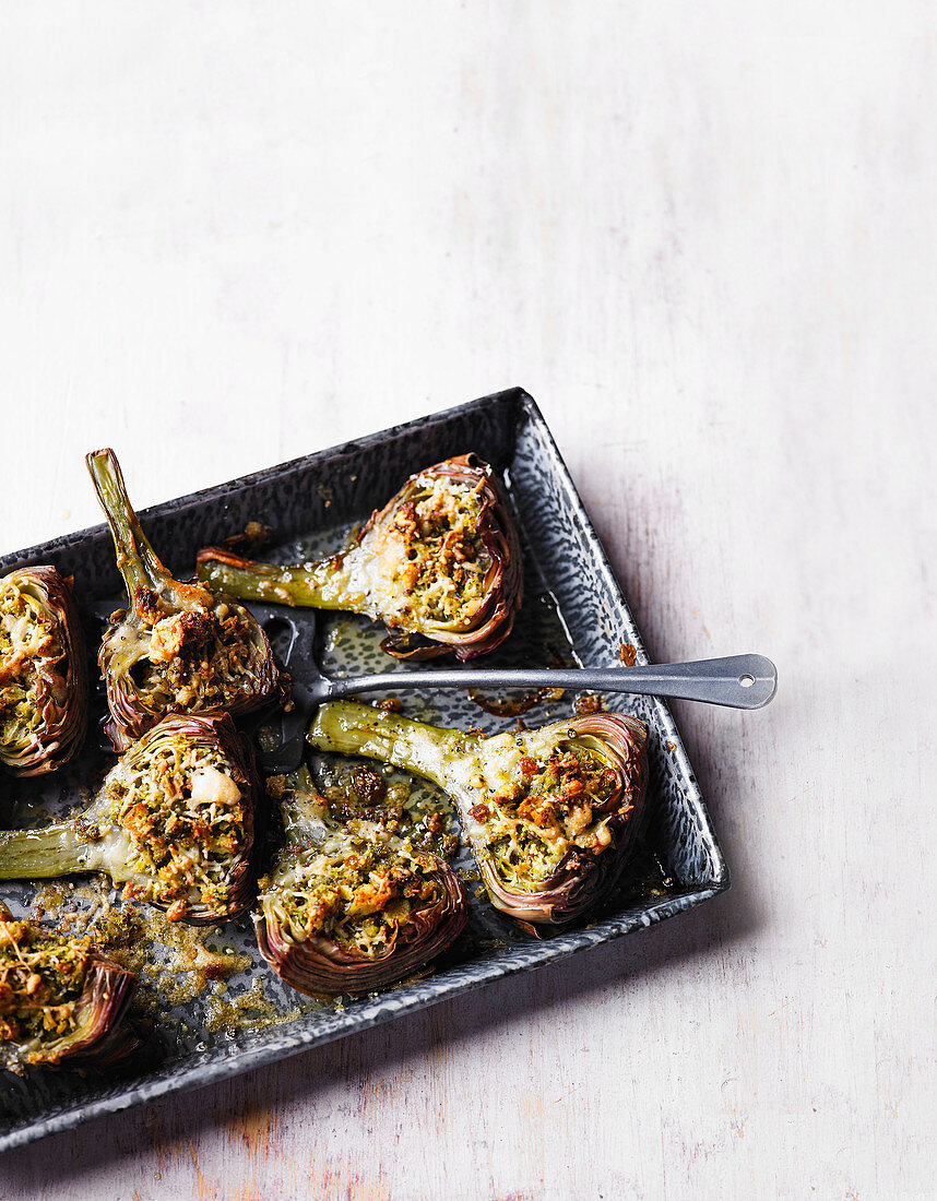 Roasted and stuffed artichokes