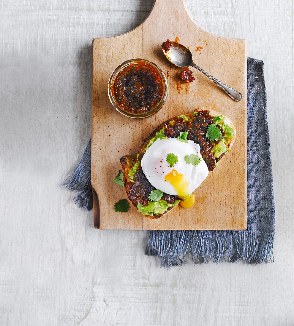 Baguette with chorizo jam and poached egg