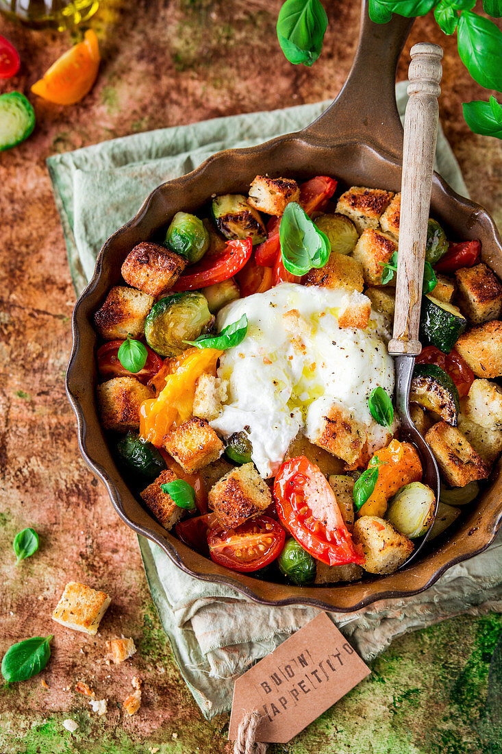 Panzanella salad with burrata and summer vegetables