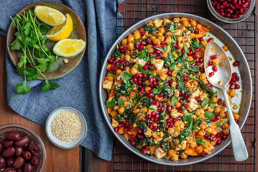 Sweet potatoes, chickpeas, spinach and feta bake