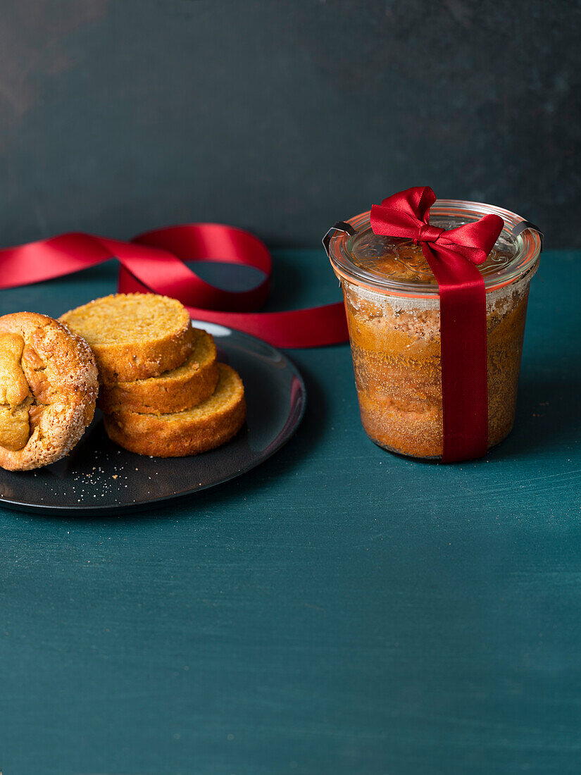 Pumpkin cake baked with spices in a jar for gifting