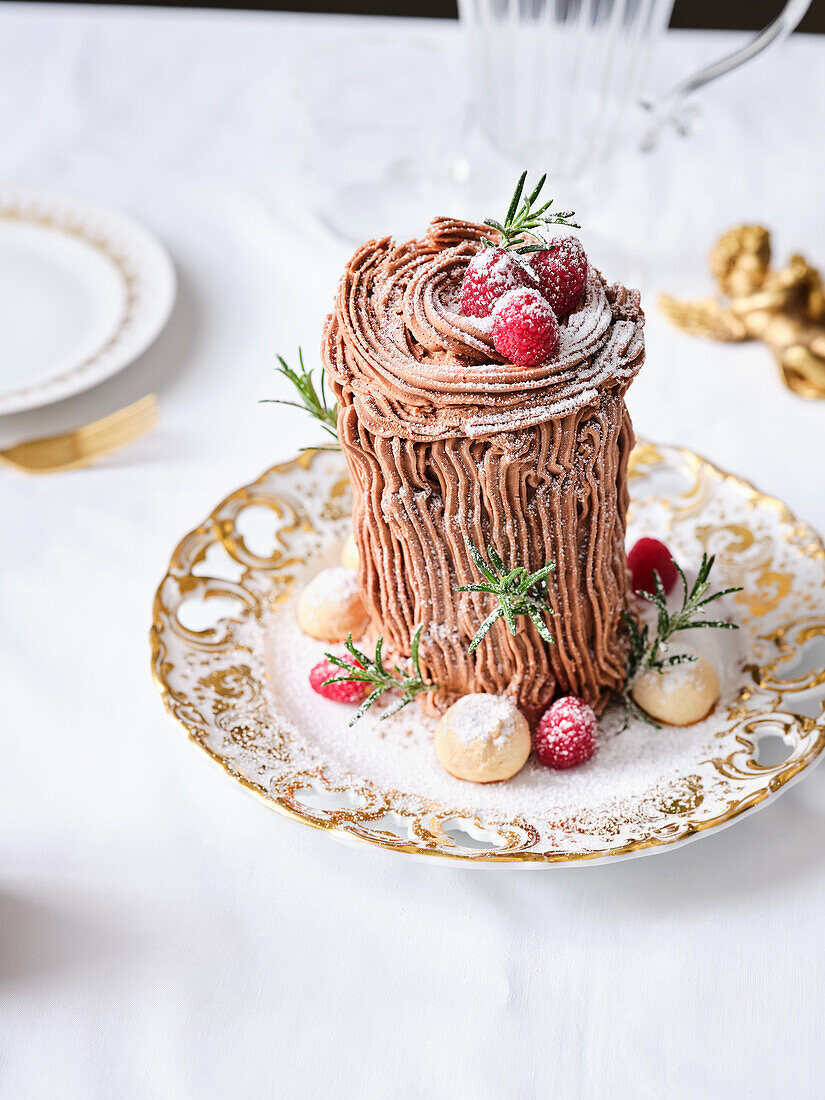 Yule log made from shortbread biscuits (Christmas)