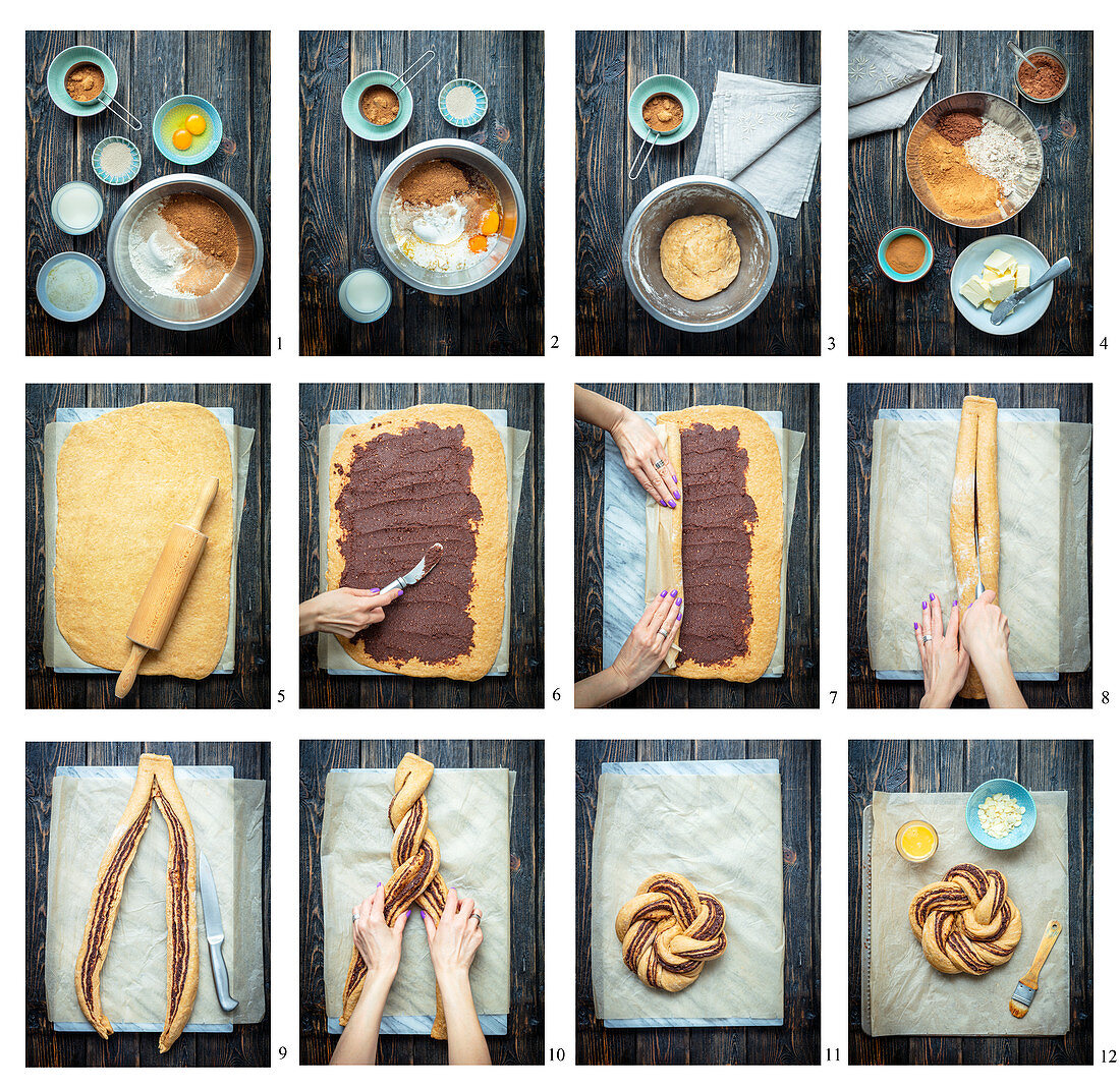 Baking a yeast braid with chocolate and cinnamon filling