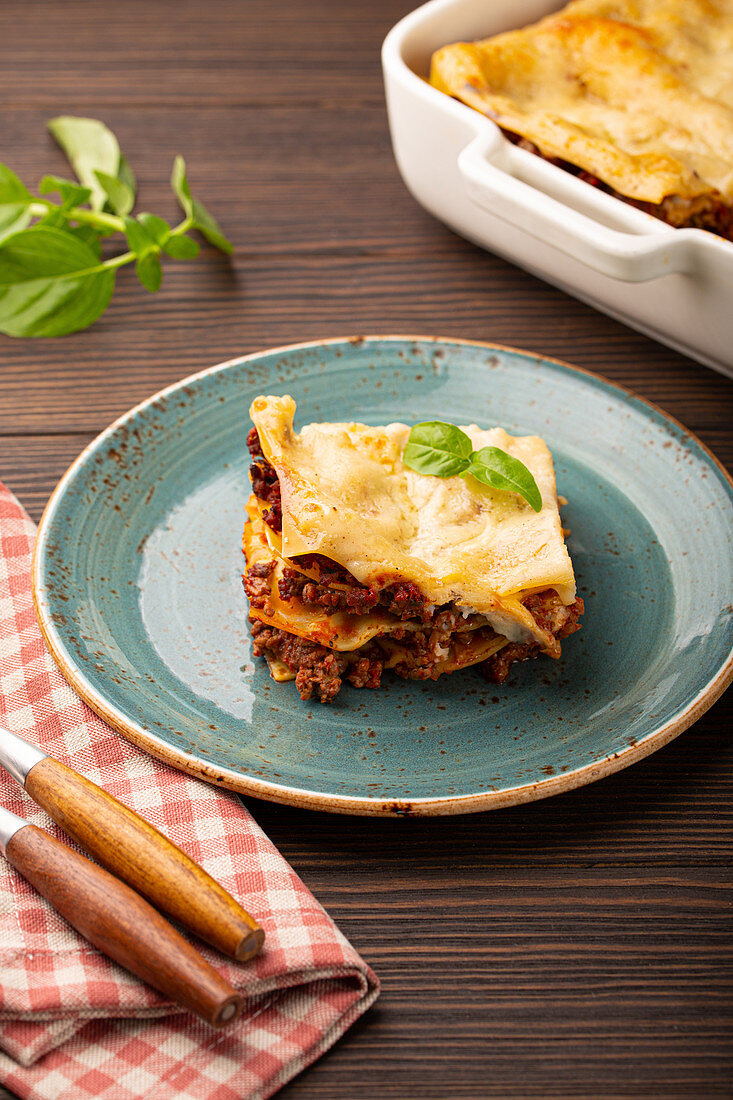 Italian lasagna with beef bolognese ragout and cheese